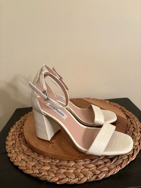Steve Madden Cream Croc-Embossed Block Heel Sandals